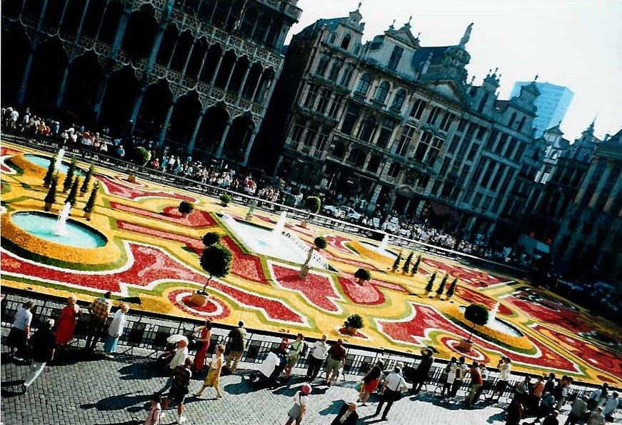 这是每双年一度的节日，布鲁塞尔人用自己生产的花瓣铺就花毯，每次展出时间在八月的一个周末，总共三天。